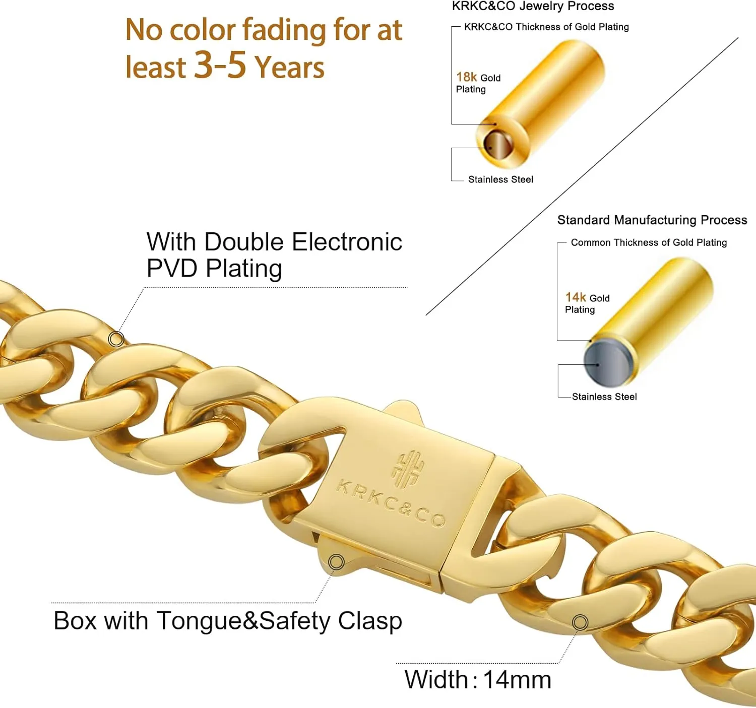 KRKC&CO 8/10/12/14mm Mens Cuban Link Chain,18k Gold Miami Cuban Chain, 4-Side Cut,Hip Hop Jewelry, Anti-Allergies Necklace,Durable and Anti-Tarnish Urban Street-wear, Never Fading, Everlasting Shine