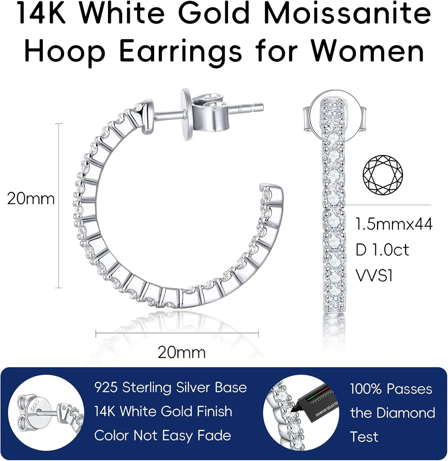 KSTYLE Moissanite Earrings Open Hoop Earrings 20/25/30mm | D Color-VVS1| 14K Yellow/White Gold Plated S925 Sterling Silver Hoops Earring Hypoallergenic Moissanite Hoop Earring for Women Gift for Her, 0.6ct-1ct