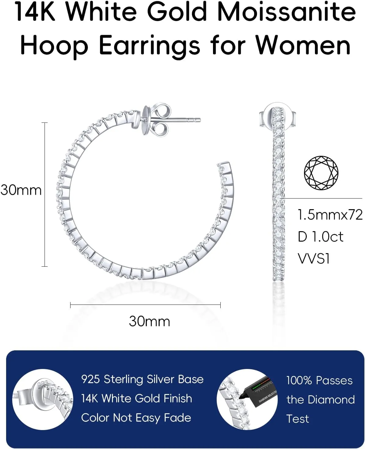 KSTYLE Moissanite Earrings Open Hoop Earrings 20/25/30mm | D Color-VVS1| 14K Yellow/White Gold Plated S925 Sterling Silver Hoops Earring Hypoallergenic Moissanite Hoop Earring for Women Gift for Her, 0.6ct-1ct