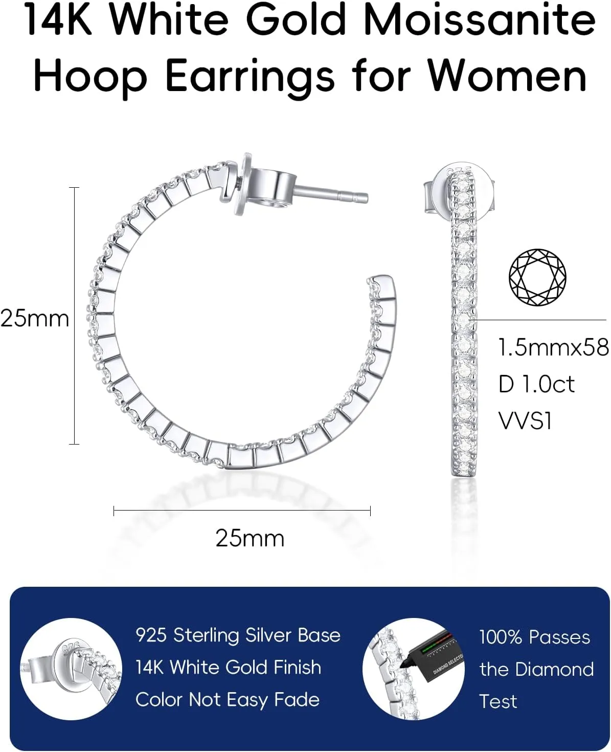 KSTYLE Moissanite Earrings Open Hoop Earrings 20/25/30mm | D Color-VVS1| 14K Yellow/White Gold Plated S925 Sterling Silver Hoops Earring Hypoallergenic Moissanite Hoop Earring for Women Gift for Her, 0.6ct-1ct