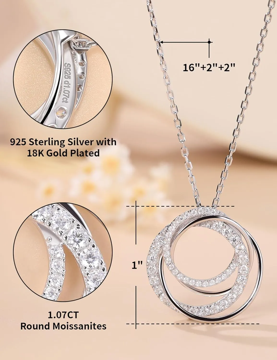 Ladylike Moissanite Interlocking Circle Pendant Necklace for Women 925 Sterling Silver with 18K Gold Plated Adjustable Chain 4 Generations Necklace Mother's Day Anniversary Valentine's Day Jewelry Gifts