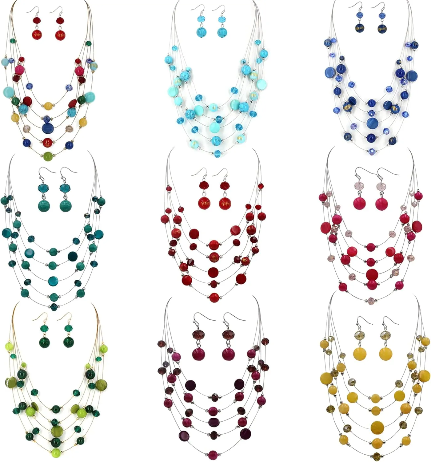 Layered Bead Statement Necklace For Women with Handmade Colorful Shell Boho Turquoise Green Red Stone Fashion choker Illusion Necklace Costume Trendy Jewelry Gifts for Western Women