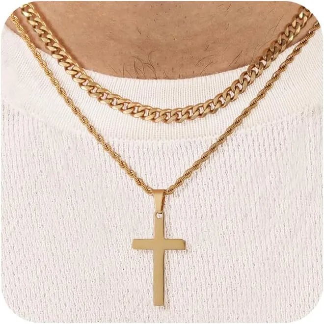 Layered Cross Necklace for Men Gold/Silver Stainless Steel Cross Pendant Necklace Cuban Link Chains for Mens Christian Necklace, Cross Chain Necklace for Men Jewlery Gifts 17-20 Inches