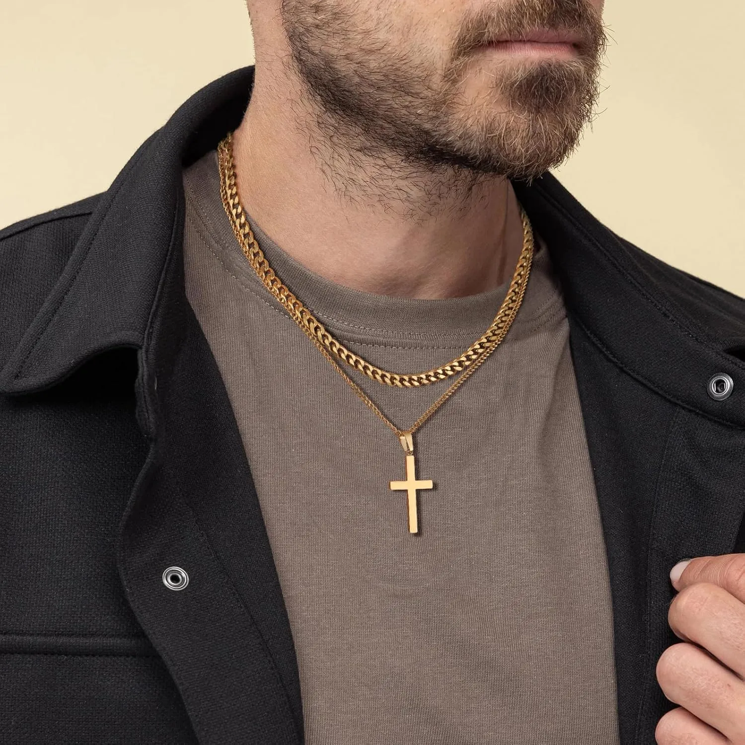 Layered Cross Necklace for Men Gold/Silver Stainless Steel Cross Pendant Necklace Cuban Link Chains for Mens Christian Necklace, Cross Chain Necklace for Men Jewlery Gifts 17-20 Inches