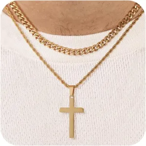 Layered Cross Necklace for Men Gold/Silver Stainless Steel Cross Pendant Necklace Cuban Link Chains for Mens Christian Necklace, Cross Chain Necklace for Men Jewlery Gifts 17-20 Inches