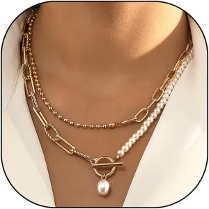 Layered Pearl Chain Toggle Necklace for Women,Baroque Pearl Pendant Beaded Paperclip Chain OT Clasp Necklace,Trendy Geometric Statement Jewelry Gifts