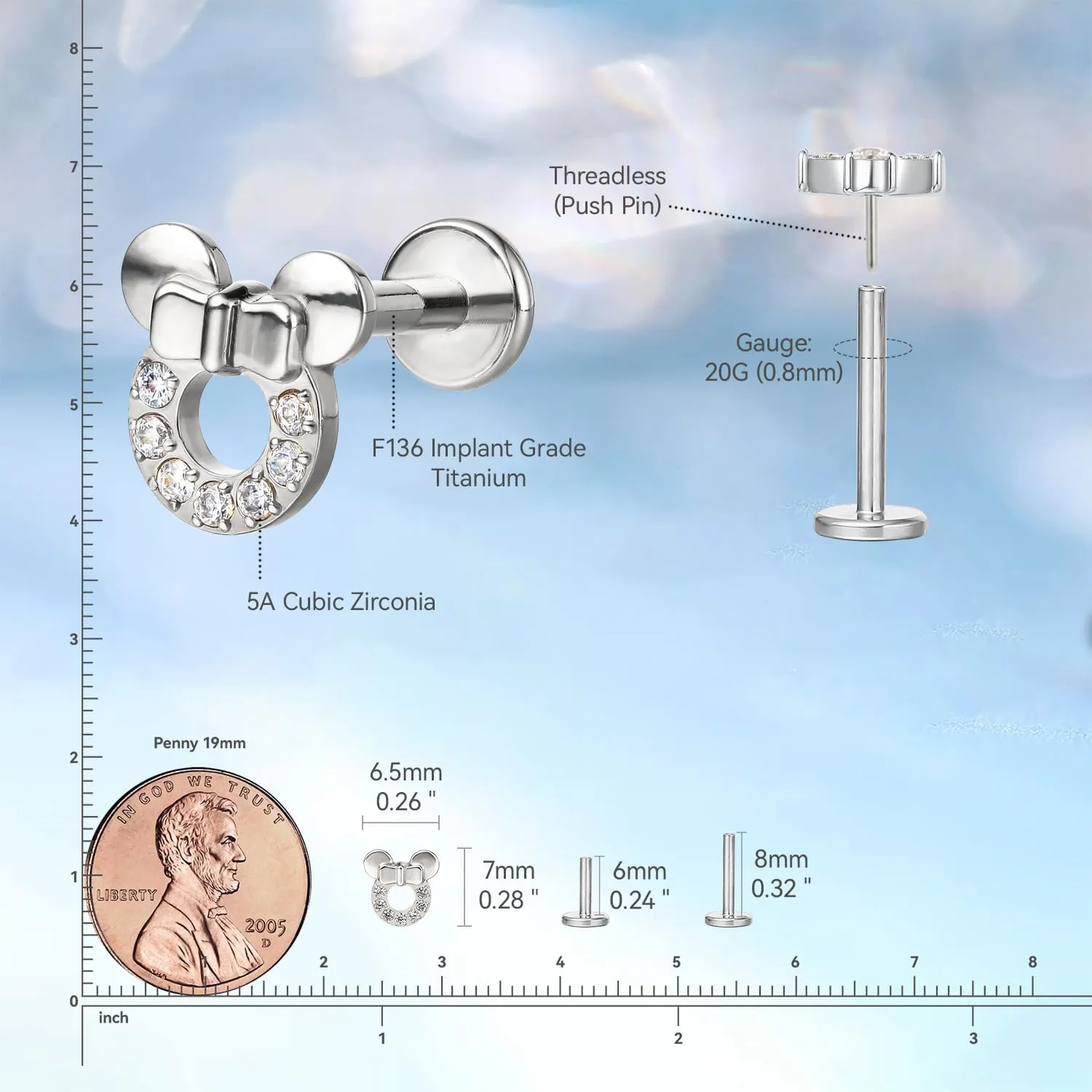 limerencia F136 Hypoallergenic Titanium Flat Back Stud,G23 Implant Grade Press Fit Threadless Earrings 20g 6mm 8mm Push Pin Tragus Cartilage Helix Conch Nose Piercing Jewelry(1pc)