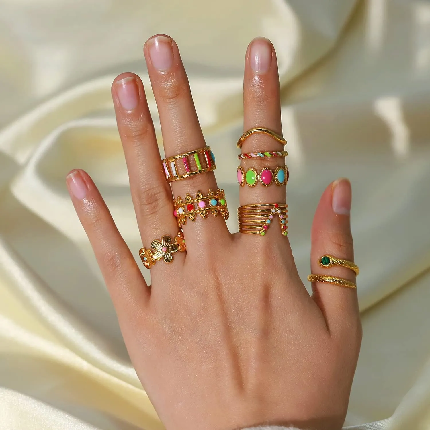 LLYANZ Stainless Steel Gold Plating Punk Popular Colorful Enamel Oil Drip Ring for Women Fashion Charm Geometric Finger Ring for Couple Jewelry