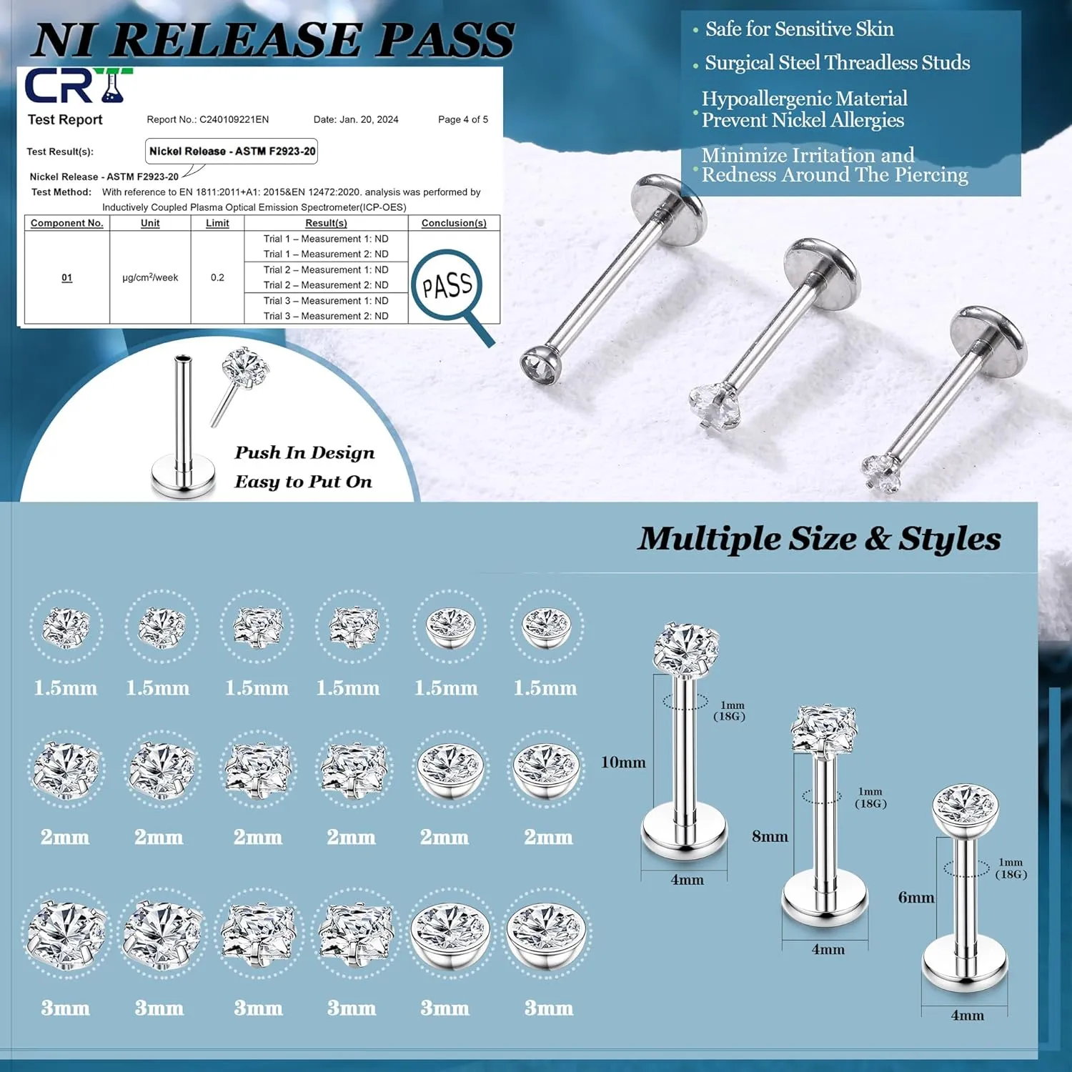 LOLIAS 18PCS Threadless Nose Rings Studs for Women Men 20G 18G 16G Hypoallergenic Surgical Stainless Steel Labret Lip Rings CZ Opal Push in Earrings Flat Back Nose Stud Cartilage Nostril Conch Helix Tragus Piercing Jewelry