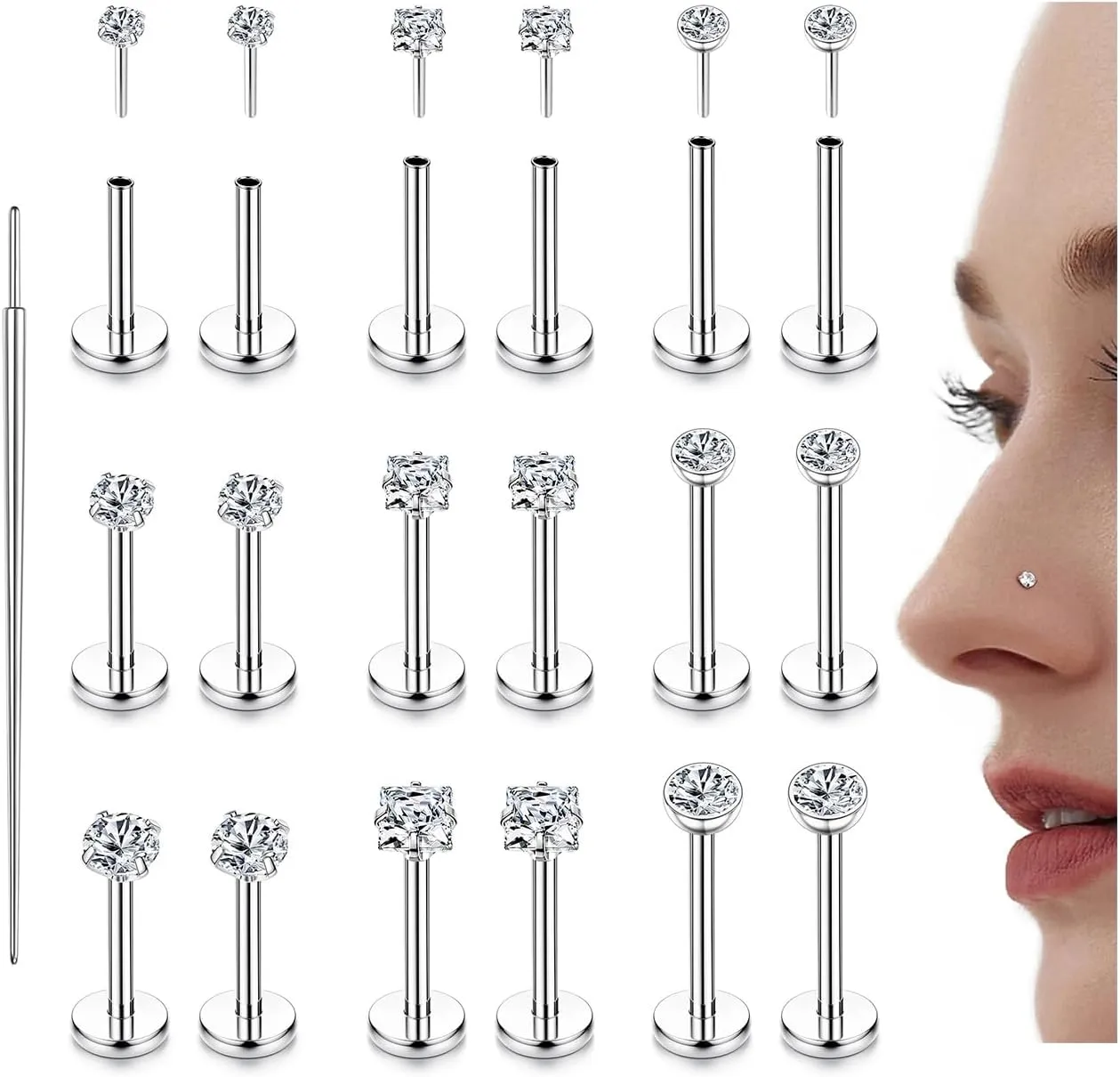 LOLIAS 18PCS Threadless Nose Rings Studs for Women Men 20G 18G 16G Hypoallergenic Surgical Stainless Steel Labret Lip Rings CZ Opal Push in Earrings Flat Back Nose Stud Cartilage Nostril Conch Helix Tragus Piercing Jewelry