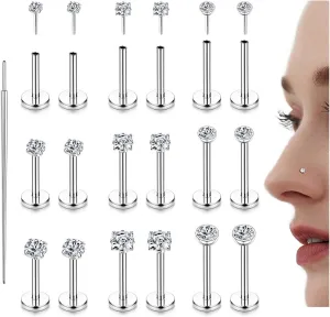 LOLIAS 18PCS Threadless Nose Rings Studs for Women Men 20G 18G 16G Hypoallergenic Surgical Stainless Steel Labret Lip Rings CZ Opal Push in Earrings Flat Back Nose Stud Cartilage Nostril Conch Helix Tragus Piercing Jewelry