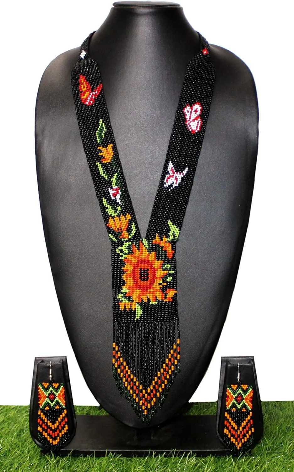 Long Beaded Necklace  Boho Native Handmade Seed Bead Tassel Necklace, Bohemian Large Statement Beaded Necklace for Women