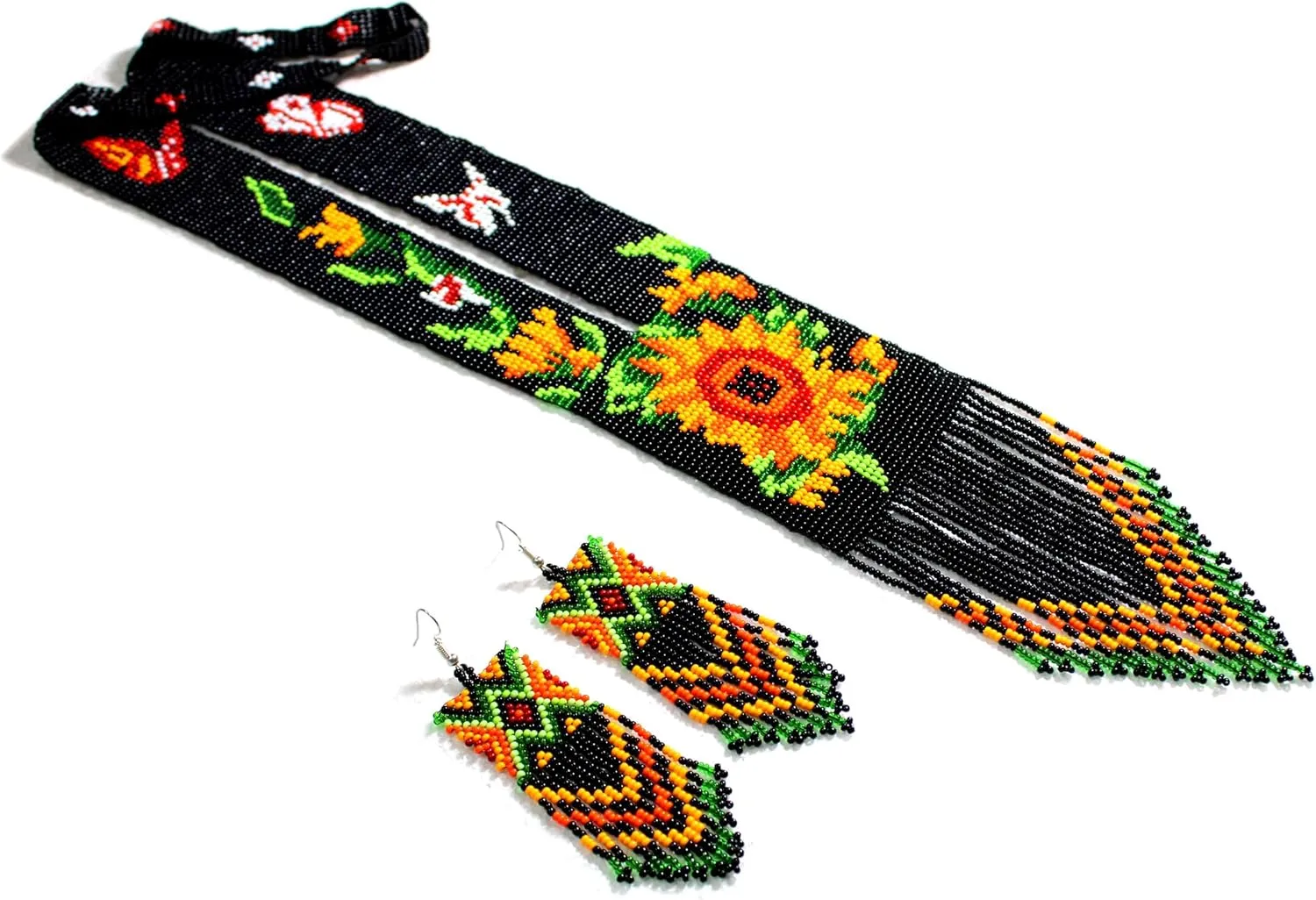Long Beaded Necklace  Boho Native Handmade Seed Bead Tassel Necklace, Bohemian Large Statement Beaded Necklace for Women