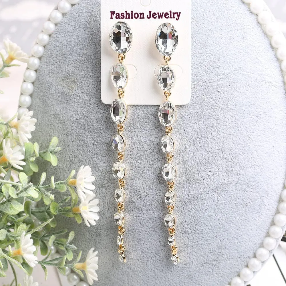 Long Crystal Beaded Tassel Teardrop Chain Dangle Earrings Sparkly Rhinestone Linear Earring Wedding Prom for Women