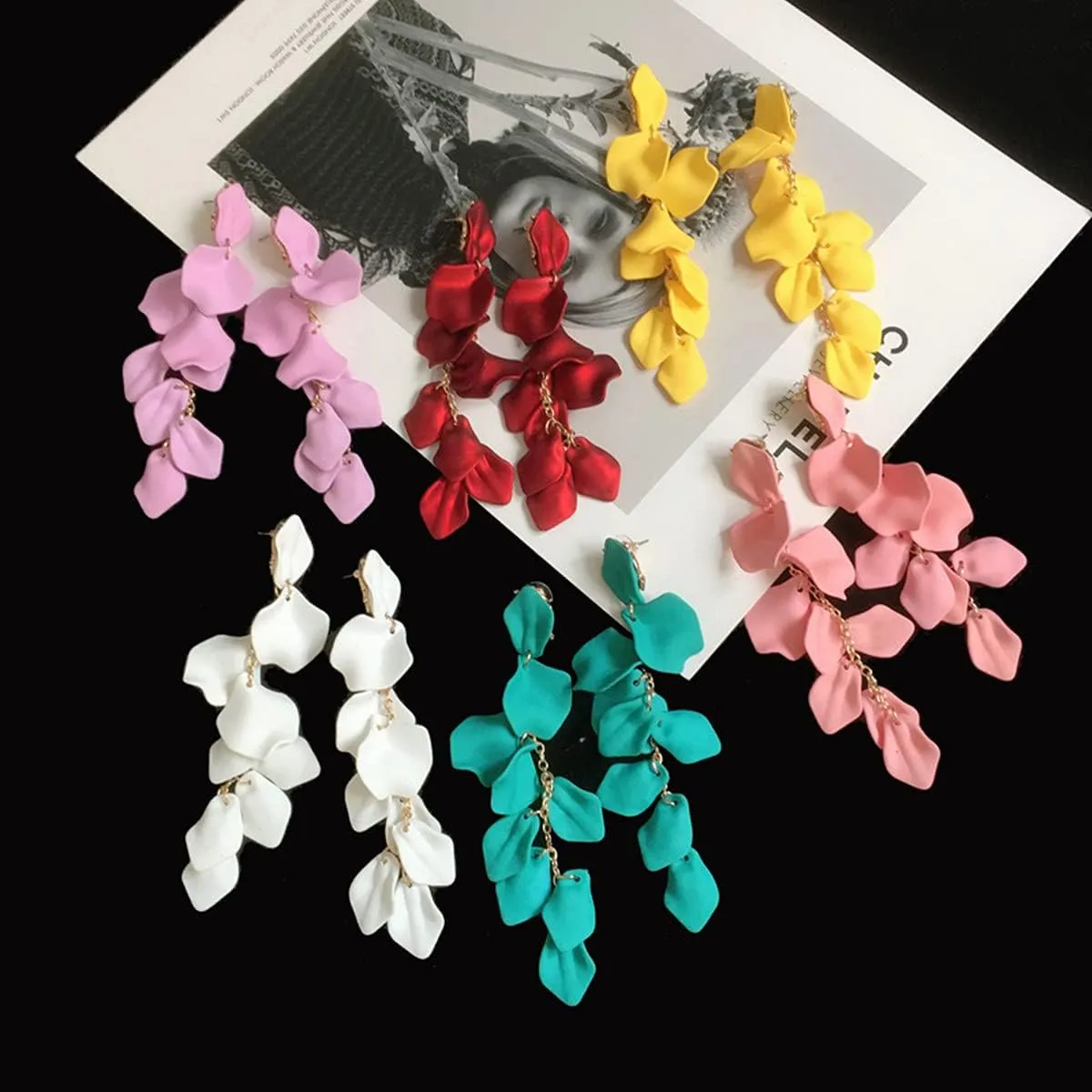Long Hanging Tassel Rose Flower Petal Earrings Resin Statement Hanging Floral Tassel Drop Dangle for Women Girls Elegant Jewelry Gifts
