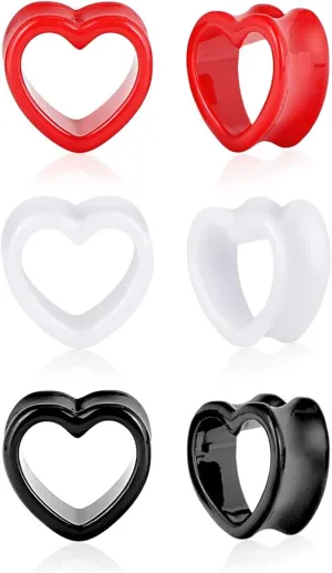 Longbeauty 6PCS Heart Shape Ear Gauges Colorful Ear Tunnels Plugs Stretchers Expander Piercing Jewelry