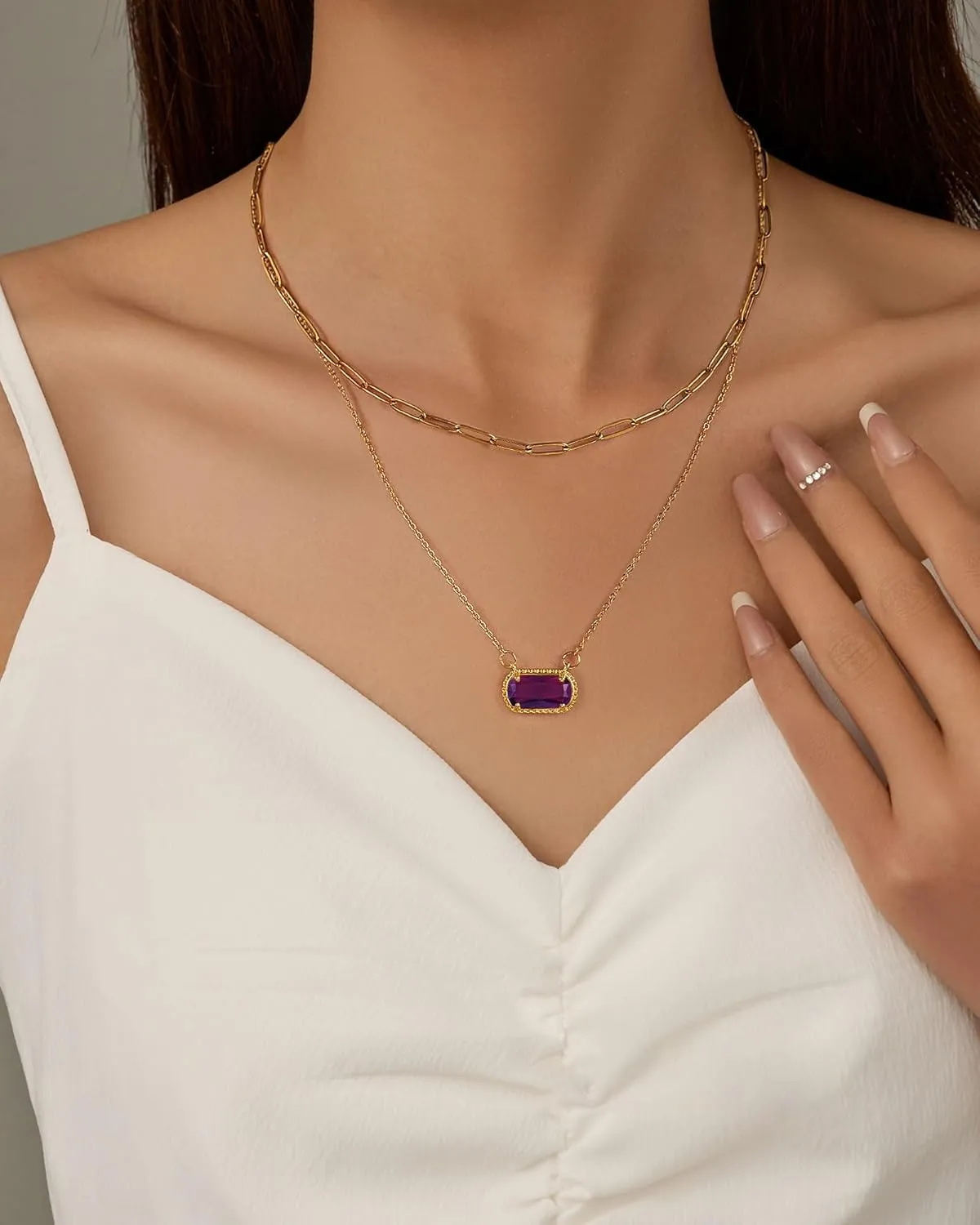Lourny Gemstone Birthstone Pendant Layered Necklace for Women Trendy, 18K Gold Plated Paperclip Chain Preppy Choker Charm Necklace for Women Wife Jewelry