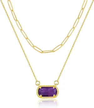 Lourny Gemstone Birthstone Pendant Layered Necklace for Women Trendy, 18K Gold Plated Paperclip Chain Preppy Choker Charm Necklace for Women Wife Jewelry