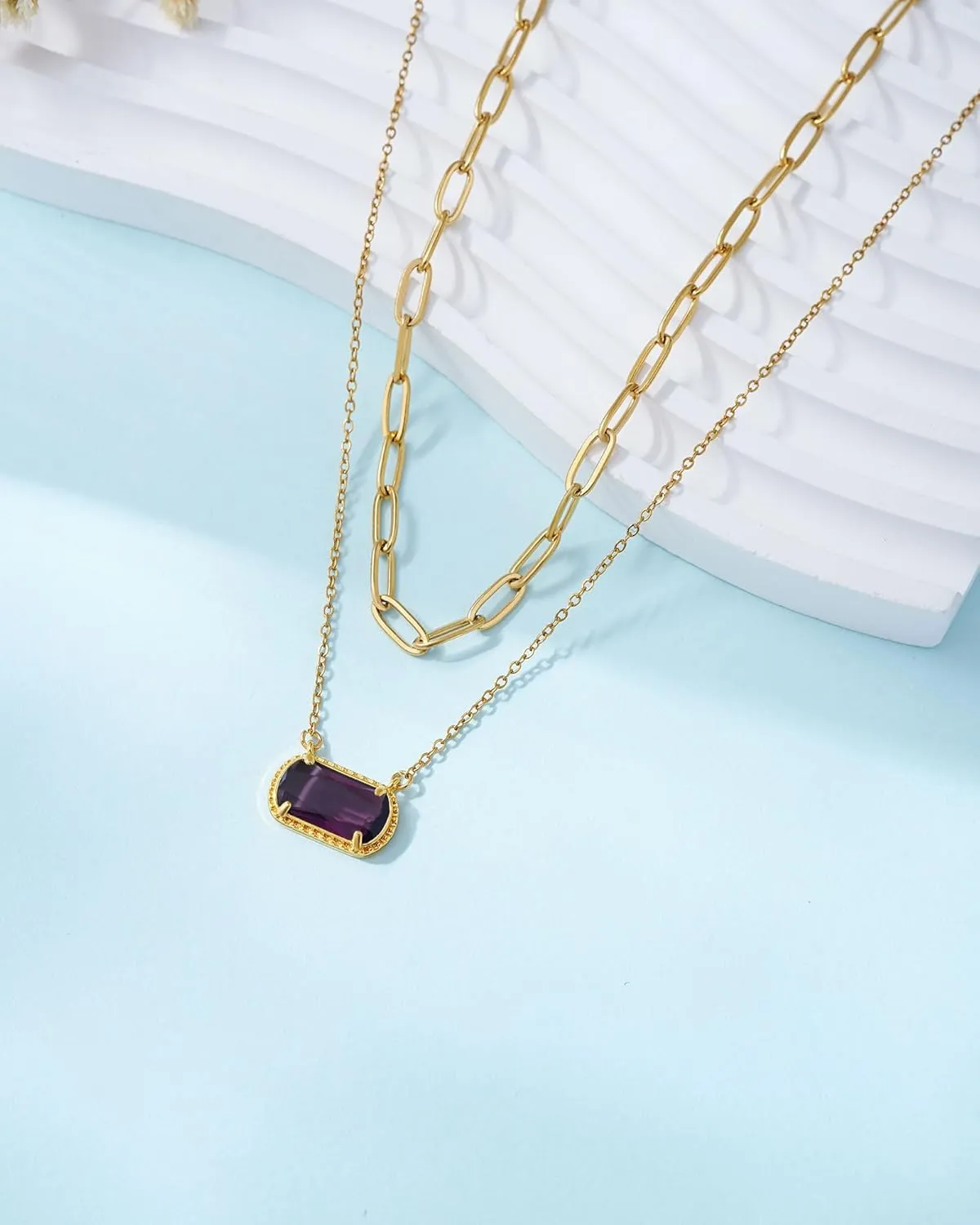 Lourny Gemstone Birthstone Pendant Layered Necklace for Women Trendy, 18K Gold Plated Paperclip Chain Preppy Choker Charm Necklace for Women Wife Jewelry