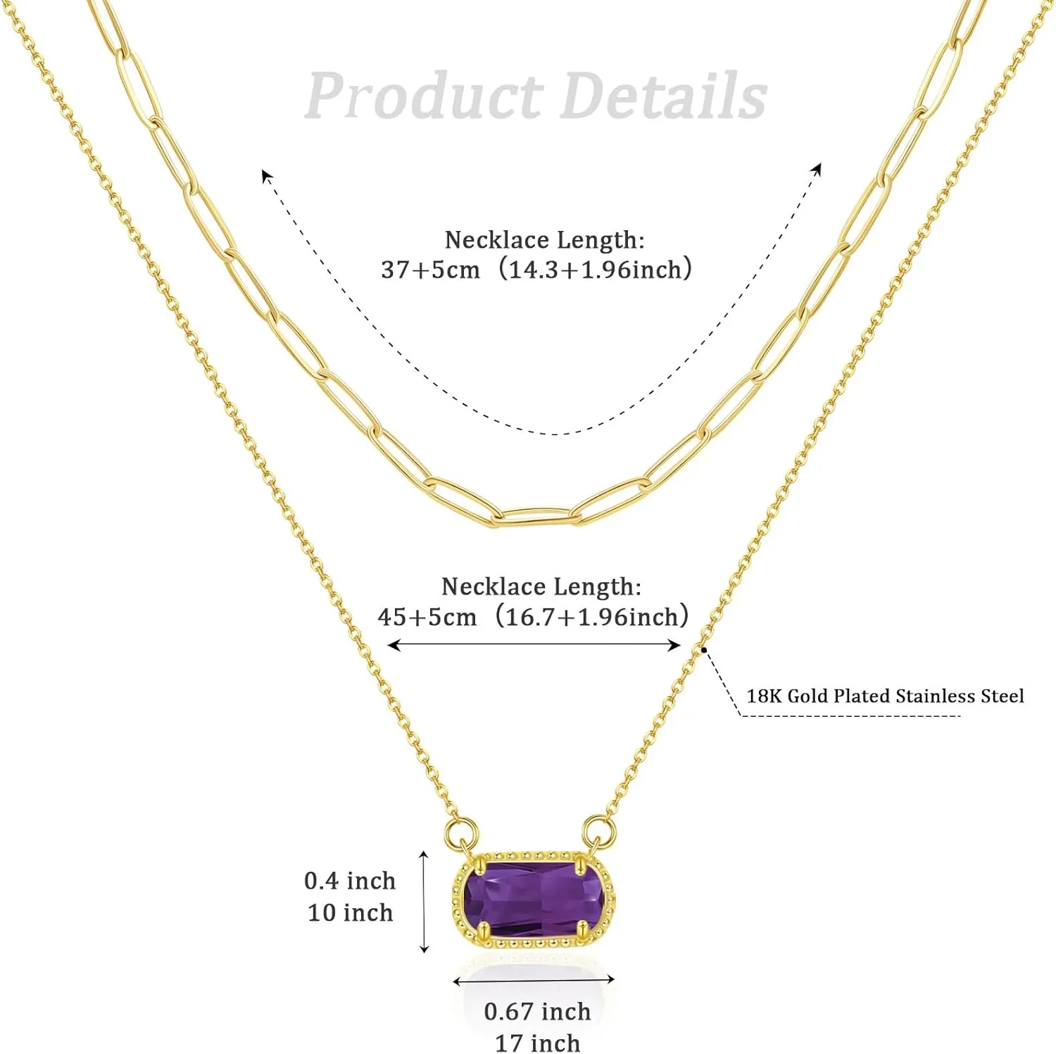 Lourny Gemstone Birthstone Pendant Layered Necklace for Women Trendy, 18K Gold Plated Paperclip Chain Preppy Choker Charm Necklace for Women Wife Jewelry