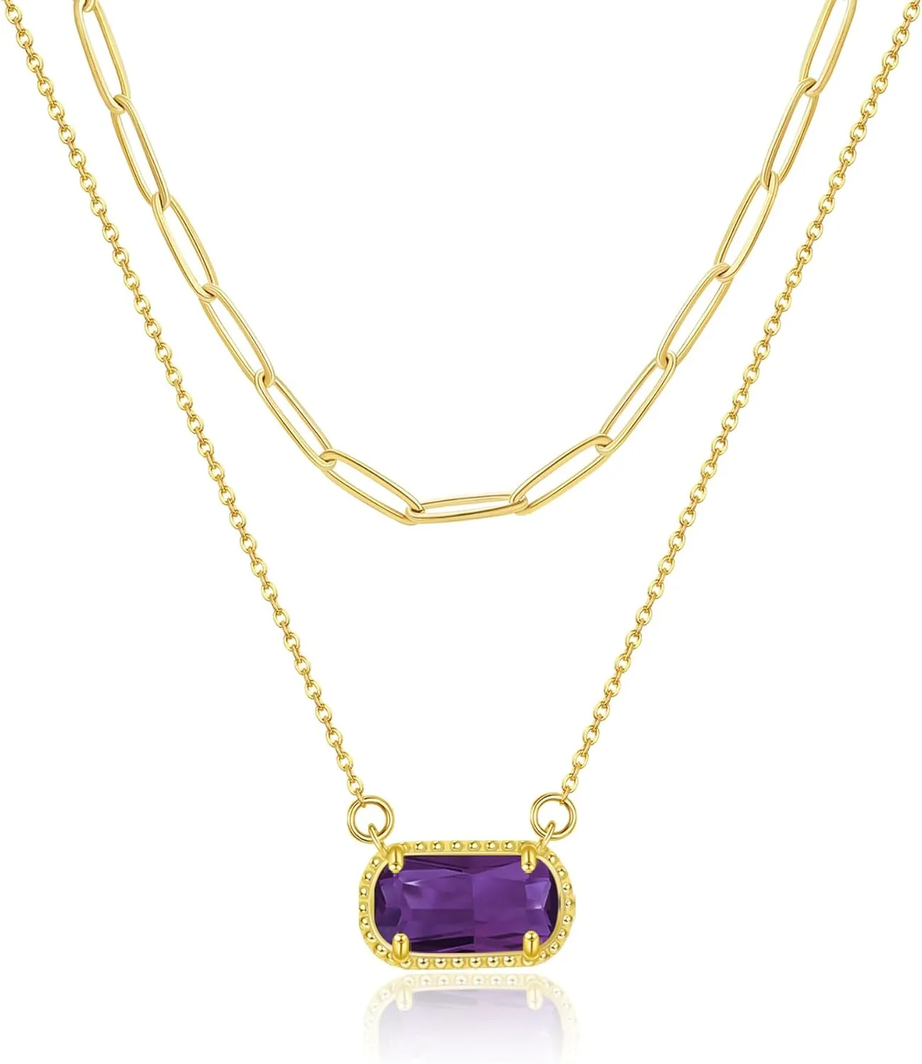Lourny Gemstone Birthstone Pendant Layered Necklace for Women Trendy, 18K Gold Plated Paperclip Chain Preppy Choker Charm Necklace for Women Wife Jewelry