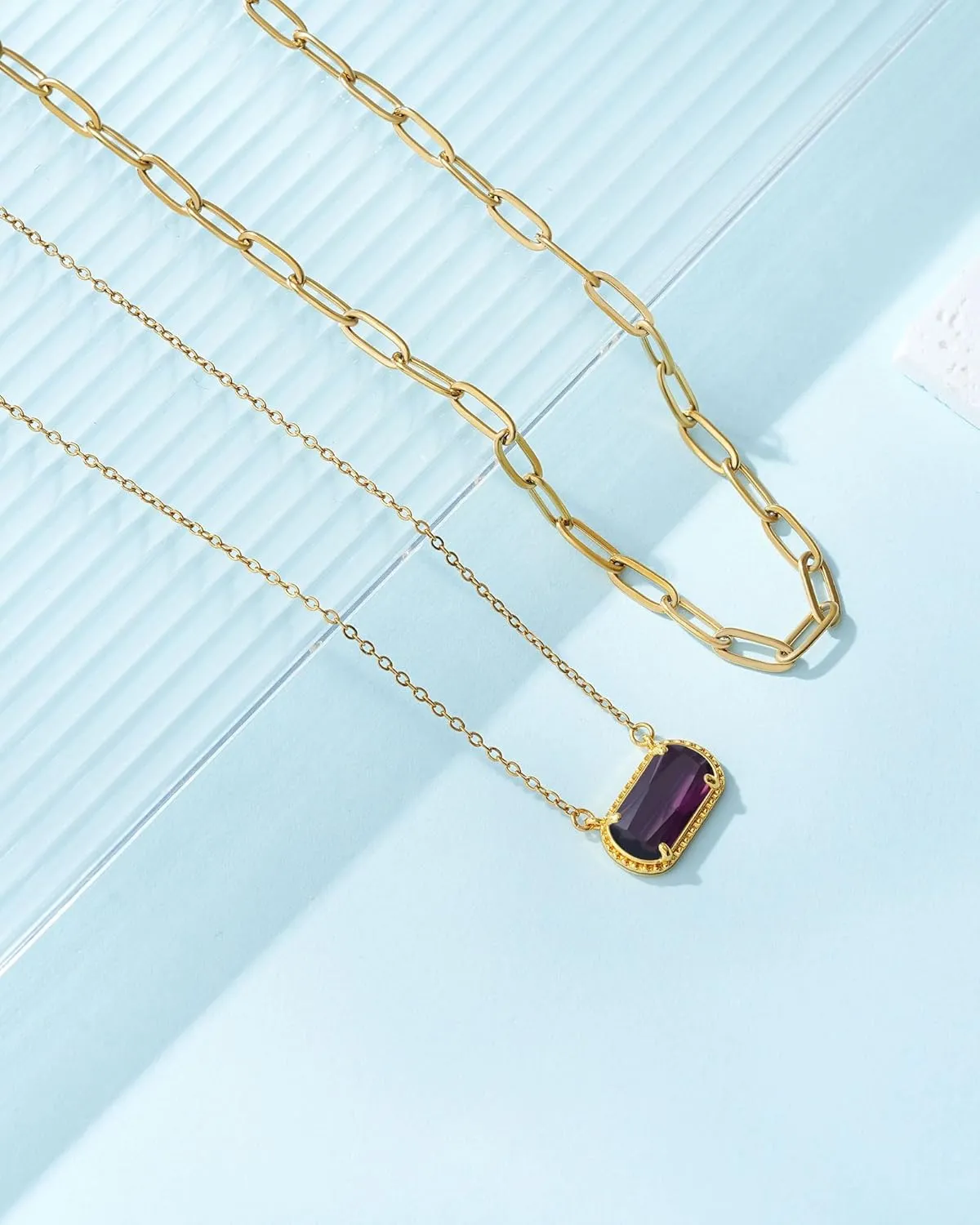Lourny Gemstone Birthstone Pendant Layered Necklace for Women Trendy, 18K Gold Plated Paperclip Chain Preppy Choker Charm Necklace for Women Wife Jewelry