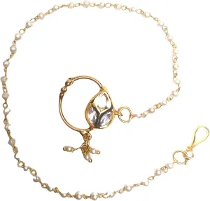 LoveNspire Kundan Classis Nose Ring with Gold Plating Pearl Hair Chain - Indian Bridal Nath with Faux Pearl Chain Designer Bollywood Style Nose Stud for Women Non-Piercing Nose Accessory Gift for Her