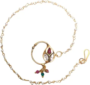 LoveNspire Kundan Classis Nose Ring with Gold Plating Pearl Hair Chain - Indian Bridal Nath with Faux Pearl Chain Designer Bollywood Style Nose Stud for Women Non-Piercing Nose Accessory Gift for Her