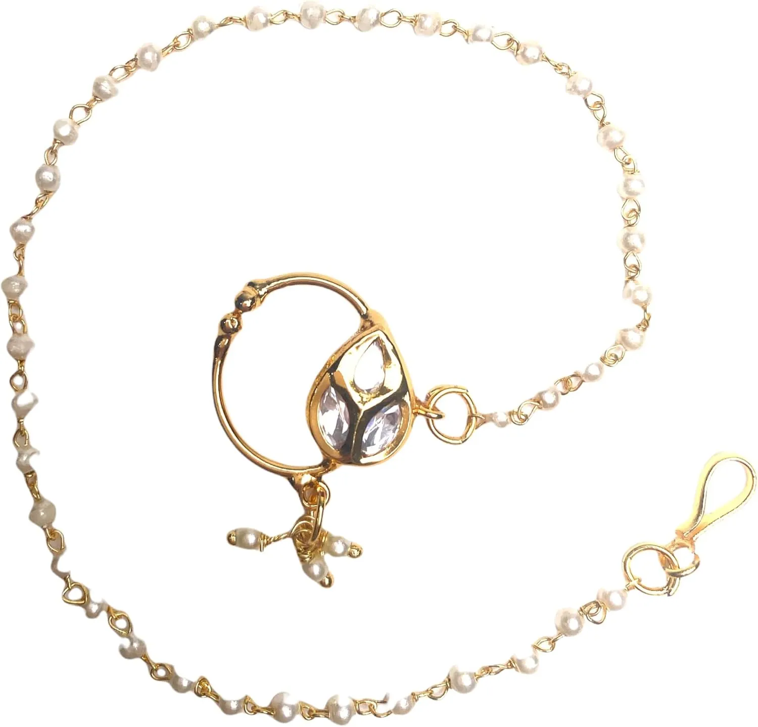 LoveNspire Kundan Classis Nose Ring with Gold Plating Pearl Hair Chain - Indian Bridal Nath with Faux Pearl Chain Designer Bollywood Style Nose Stud for Women Non-Piercing Nose Accessory Gift for Her
