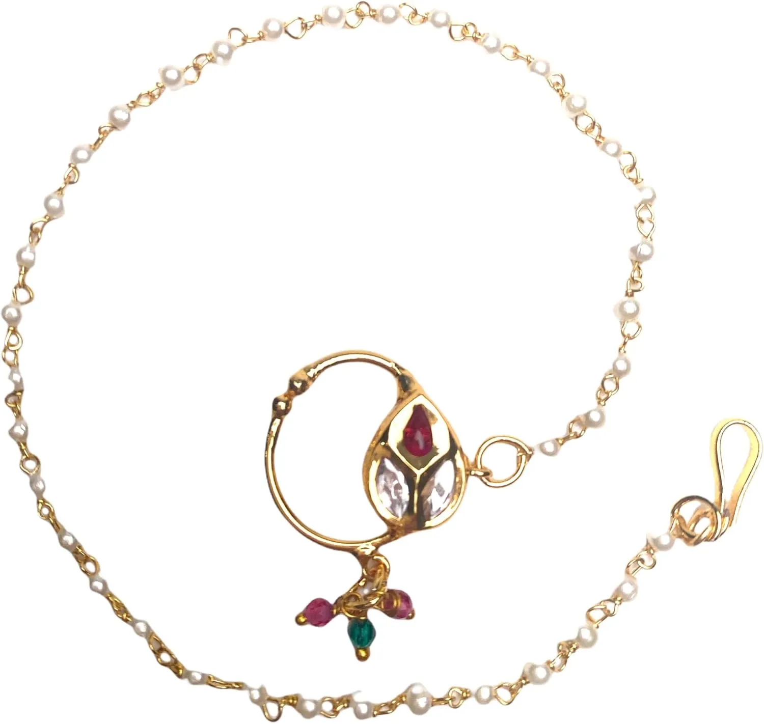 LoveNspire Kundan Classis Nose Ring with Gold Plating Pearl Hair Chain - Indian Bridal Nath with Faux Pearl Chain Designer Bollywood Style Nose Stud for Women Non-Piercing Nose Accessory Gift for Her