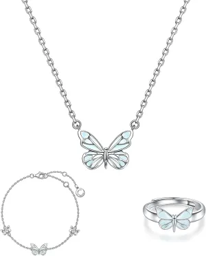 Luminous Butterfly Collection Set, Elegant Dainty Luminous Butterfly Necklace Bracelet Ring Jewelry Set, for Women Valentine Anniversary Birthday Friendship Gift