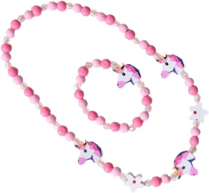 LUOZZY Beaded Bracelet Wooden Unicorn Necklace Colorful Neck Jewelry for Women Girls 2 Pcs