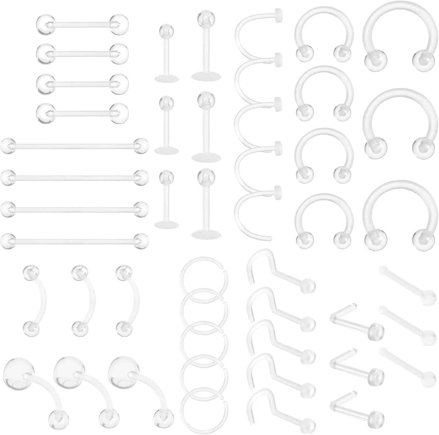 Lusofie 48 Pack Clear Piercing Retainer Kit - BPA-Free Flexible Plastic Retainers for Lip/Nose/Eyebrow/Belly Button | MRI Safe & Workplace Friendly Body Jewelry (Pain-Free Removal, Multi-Purpose)