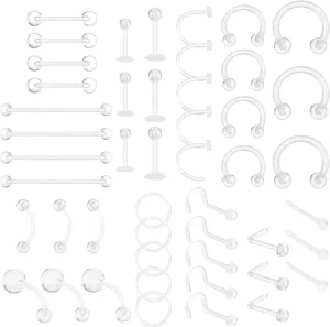 Lusofie 48 Pack Clear Piercing Retainer Kit - BPA-Free Flexible Plastic Retainers for Lip/Nose/Eyebrow/Belly Button | MRI Safe & Workplace Friendly Body Jewelry (Pain-Free Removal, Multi-Purpose)