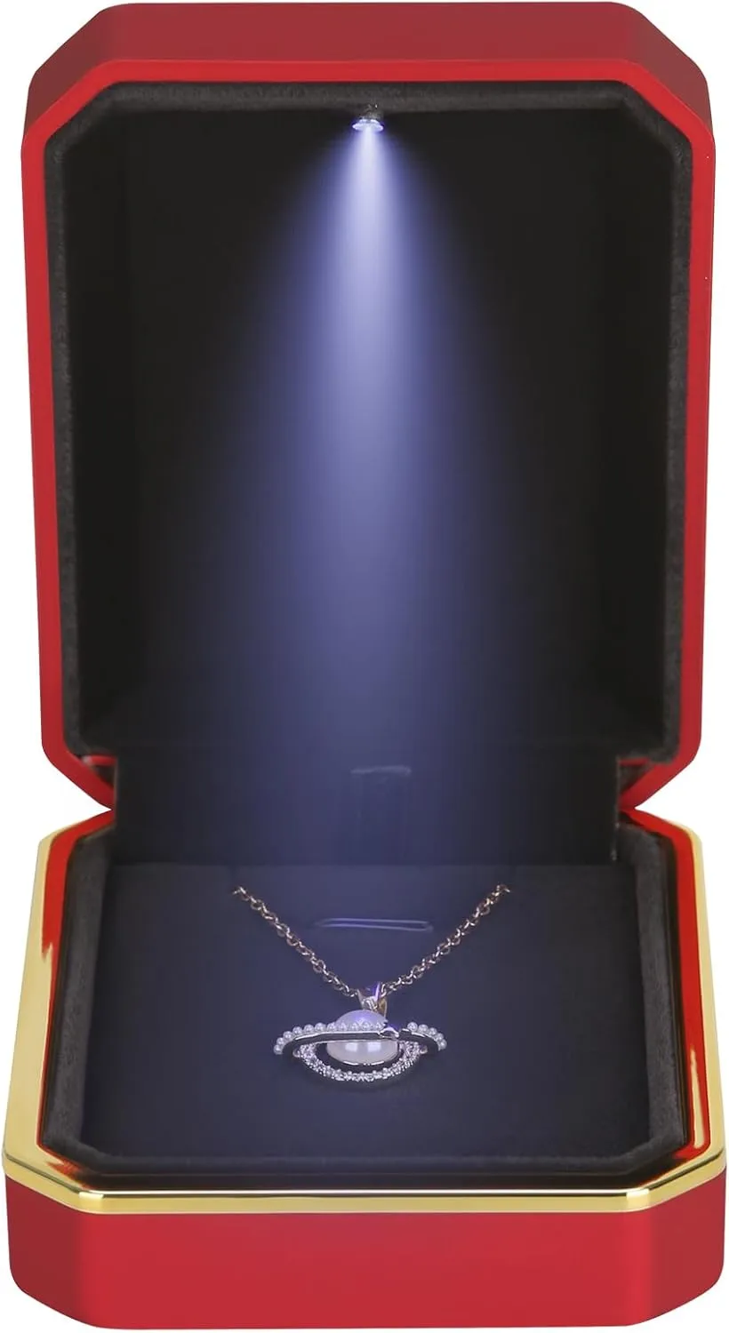 Luxury LED Pendant Necklace Gift Box with LED Light, Velvet Jewelry Storage Display Case for Proposal Engagement Wedding Anniversary Birthday Valentine's Day (Red)