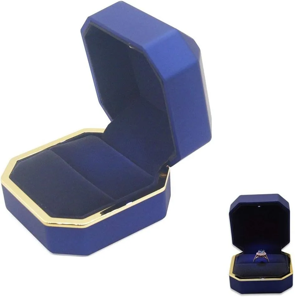 Luxury Ring Box, Square Velvet Wedding Ring Case Jewelry Gift Box with LED Light for Proposal Engagement Wedding, Blue