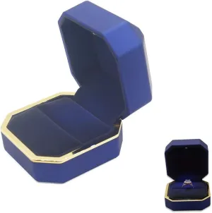 Luxury Ring Box, Square Velvet Wedding Ring Case Jewelry Gift Box with LED Light for Proposal Engagement Wedding, Blue
