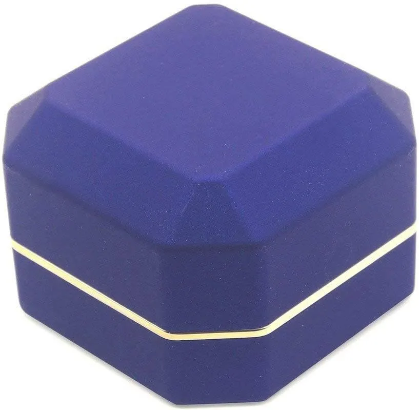 Luxury Ring Box, Square Velvet Wedding Ring Case Jewelry Gift Box with LED Light for Proposal Engagement Wedding, Blue