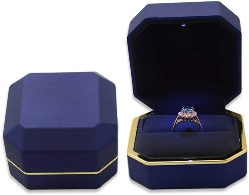 Luxury Ring Box, Square Velvet Wedding Ring Case Jewelry Gift Box with LED Light for Proposal Engagement Wedding, Blue