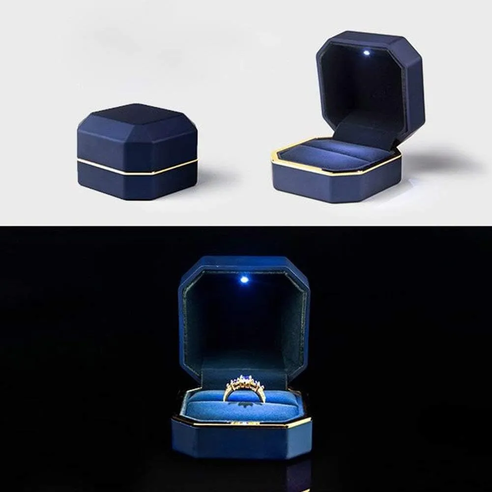 Luxury Ring Box, Square Velvet Wedding Ring Case Jewelry Gift Box with LED Light for Proposal Engagement Wedding, Blue