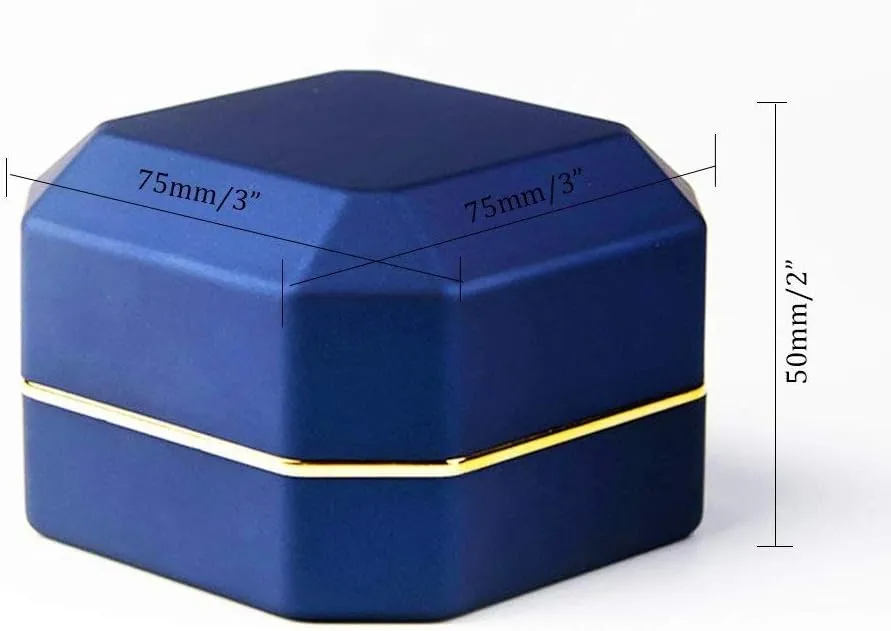 Luxury Ring Box, Square Velvet Wedding Ring Case Jewelry Gift Box with LED Light for Proposal Engagement Wedding, Blue