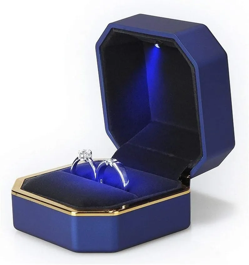 Luxury Ring Box, Square Velvet Wedding Ring Case Jewelry Gift Box with LED Light for Proposal Engagement Wedding, Blue