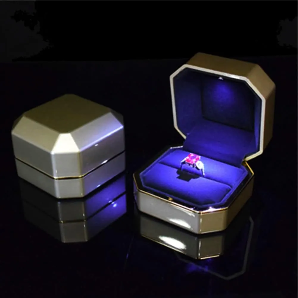 Luxury Ring Box, Square Velvet Wedding Ring Case Jewelry Gift Box with LED Light for Proposal Engagement Wedding, Gold