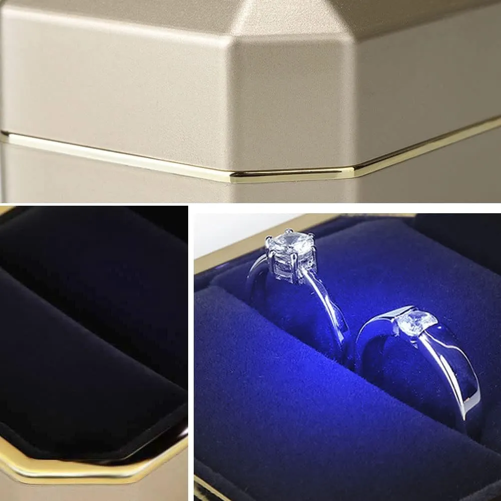 Luxury Ring Box, Square Velvet Wedding Ring Case Jewelry Gift Box with LED Light for Proposal Engagement Wedding, Gold