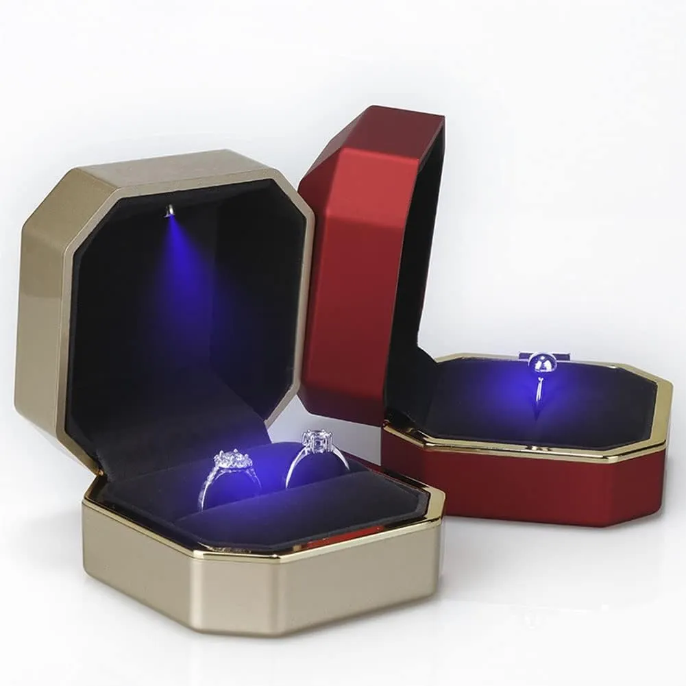 Luxury Ring Box, Square Velvet Wedding Ring Case Jewelry Gift Box with LED Light for Proposal Engagement Wedding, Gold