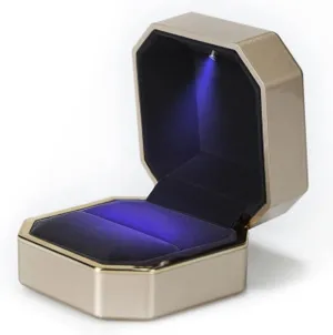 Luxury Ring Box, Square Velvet Wedding Ring Case Jewelry Gift Box with LED Light for Proposal Engagement Wedding, Gold