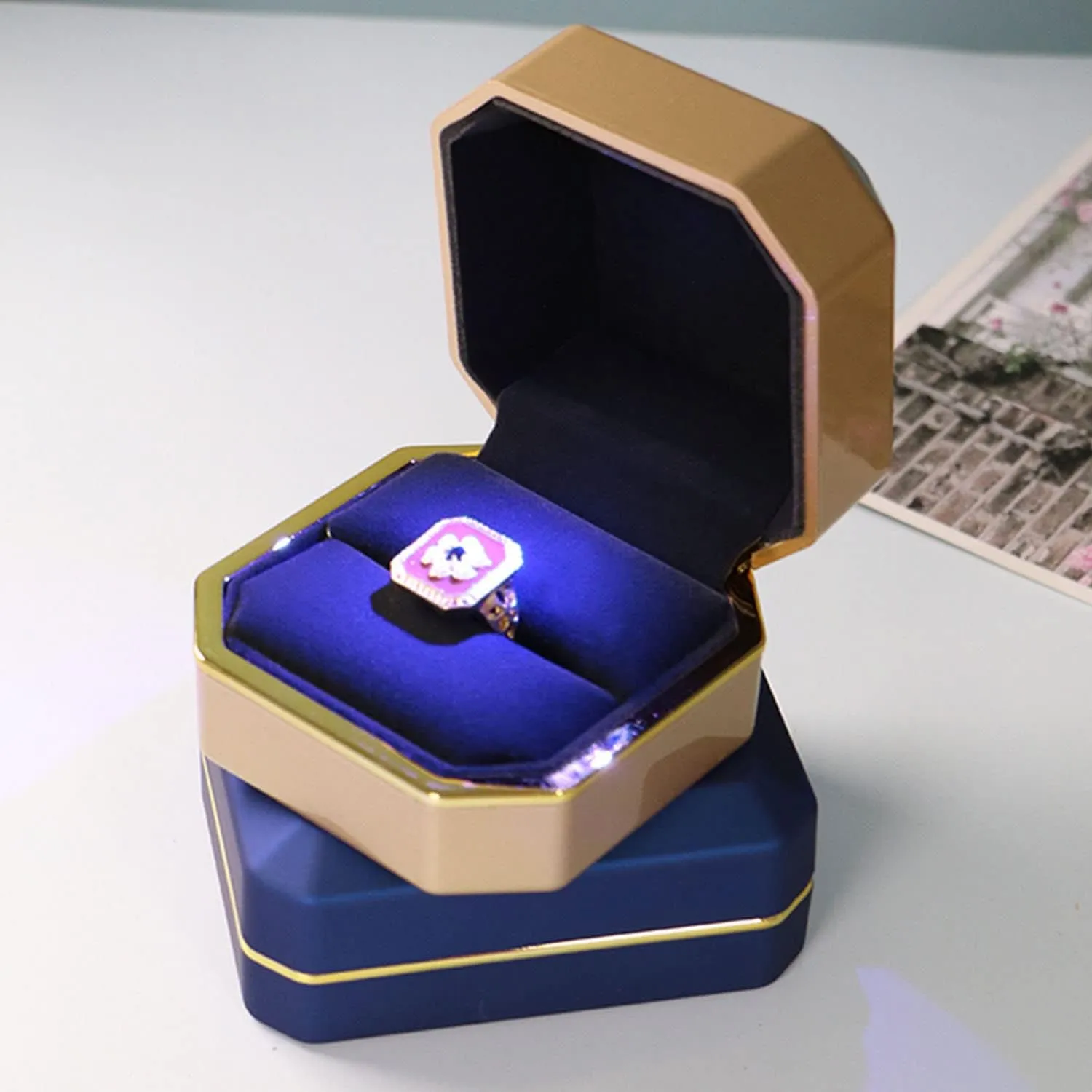 Luxury Ring Box, Square Velvet Wedding Ring Case Jewelry Gift Box with LED Light for Proposal Engagement Wedding, Gold