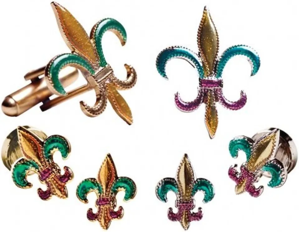 Mardi Gras Colored Fleur de lis Silver Tuxedo Studs and Cufflinks