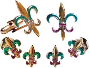 Mardi Gras Colored Fleur de lis Silver Tuxedo Studs and Cufflinks