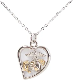 Marine Corps Cut Out Heart Pendant Necklace, 18" Chain, Silver and Gold Plated